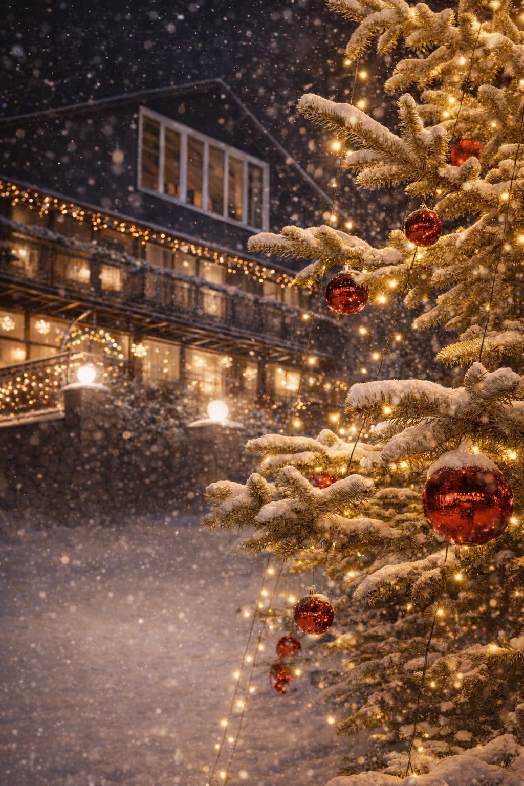 Дом со стороны ели